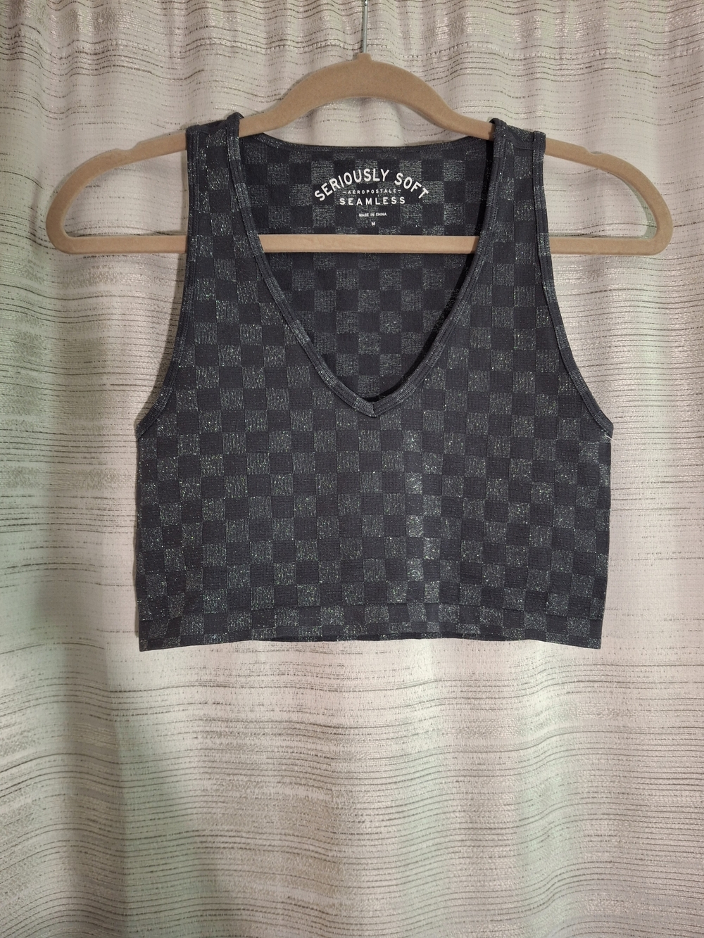Aeropostale Seriously Dark Grey Checkered V-Neck Seamless Crop Tank Top Medium